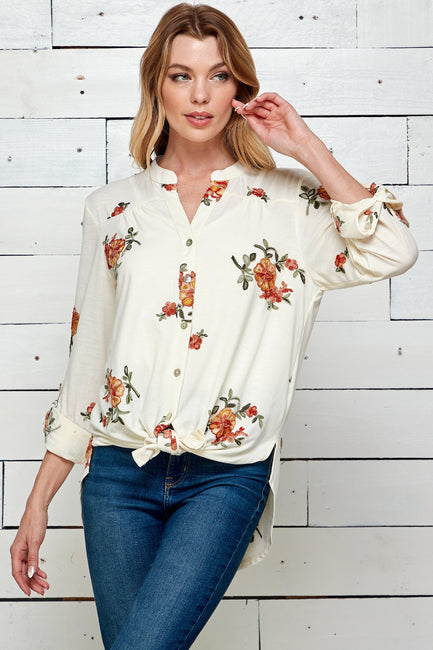 Figueroa & Flower 3/4 Sleeve Embroidered Top
