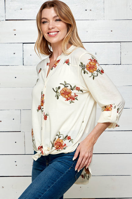Figueroa & Flower 3/4 Sleeve Embroidered Top